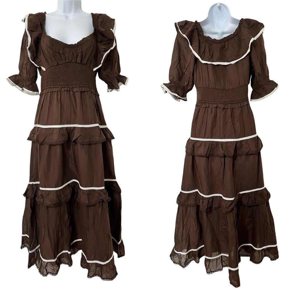 Anthropologie Puff Sleeve Tiered Maxi Dress Size S Brown Smocked Prairie NEW
